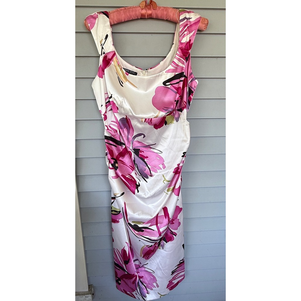 London Style Nights White Pink Floral Ruched Satin Sheath Dress Size 16